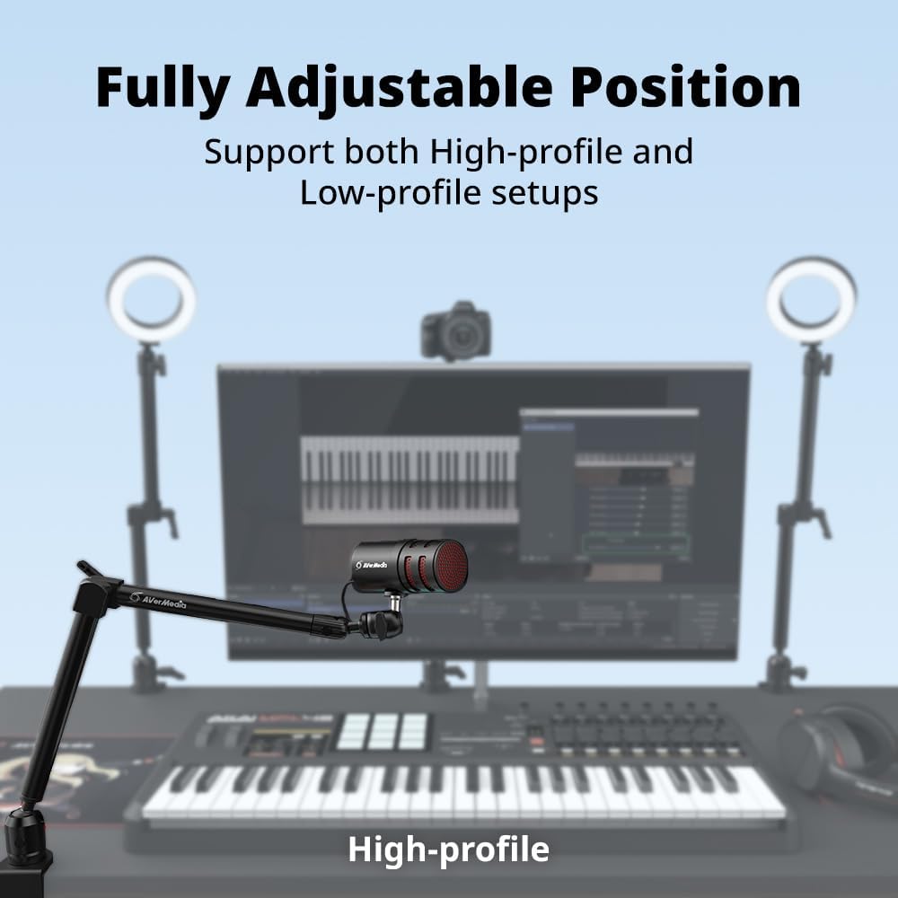 AVerMedia Mic Arm with Desk Clamp, Fully Adjustable Boom Arm, 1/4” to 5/8” Adapter, Heavy Duty Mic Stand for Studio, Podcast, Gaming, including both High & Low Profile Mic Arm setups- FLEXI go BA311L