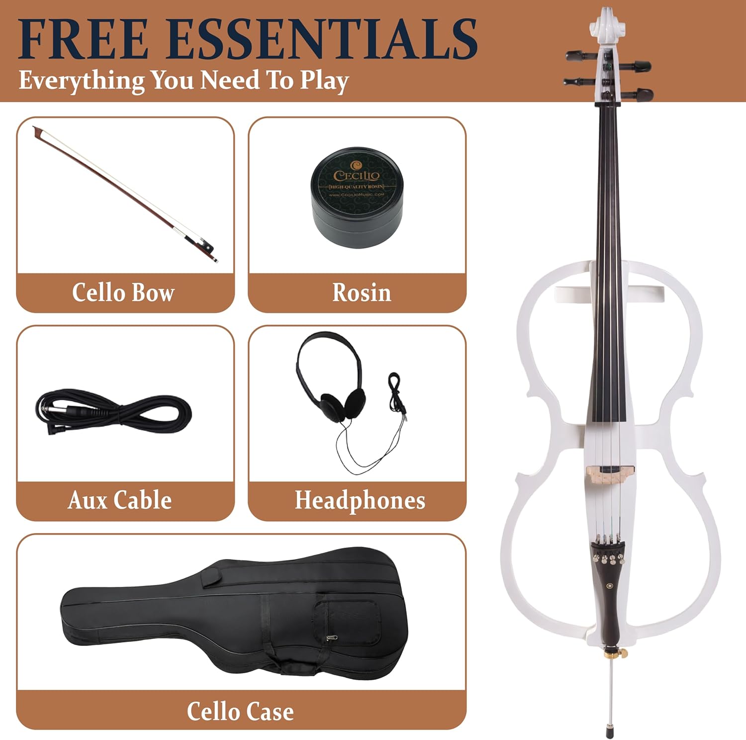 Cecilio 4/4 CECO-1WH Pearl White Electric Cello with Ebony Fittings in Style 1 (Full Size)