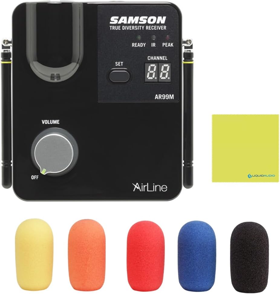 Samson Airline 99m Fitness Headset System D-Band (542–566 MHz), Black with Bundle with 5 Windscreens and Polishing Cloth – Fitness Instructor Microphone Headset System