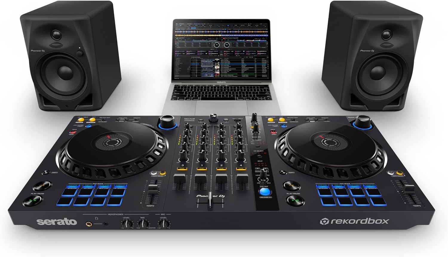 Pioneer DJ DM-50D 5-inch Active Monitor Speaker - Black & RockJam Portable DJ Laptop Stand with Adjustable Height, Anti-Slip Design, Works for Laptops, Controllers and CD Players