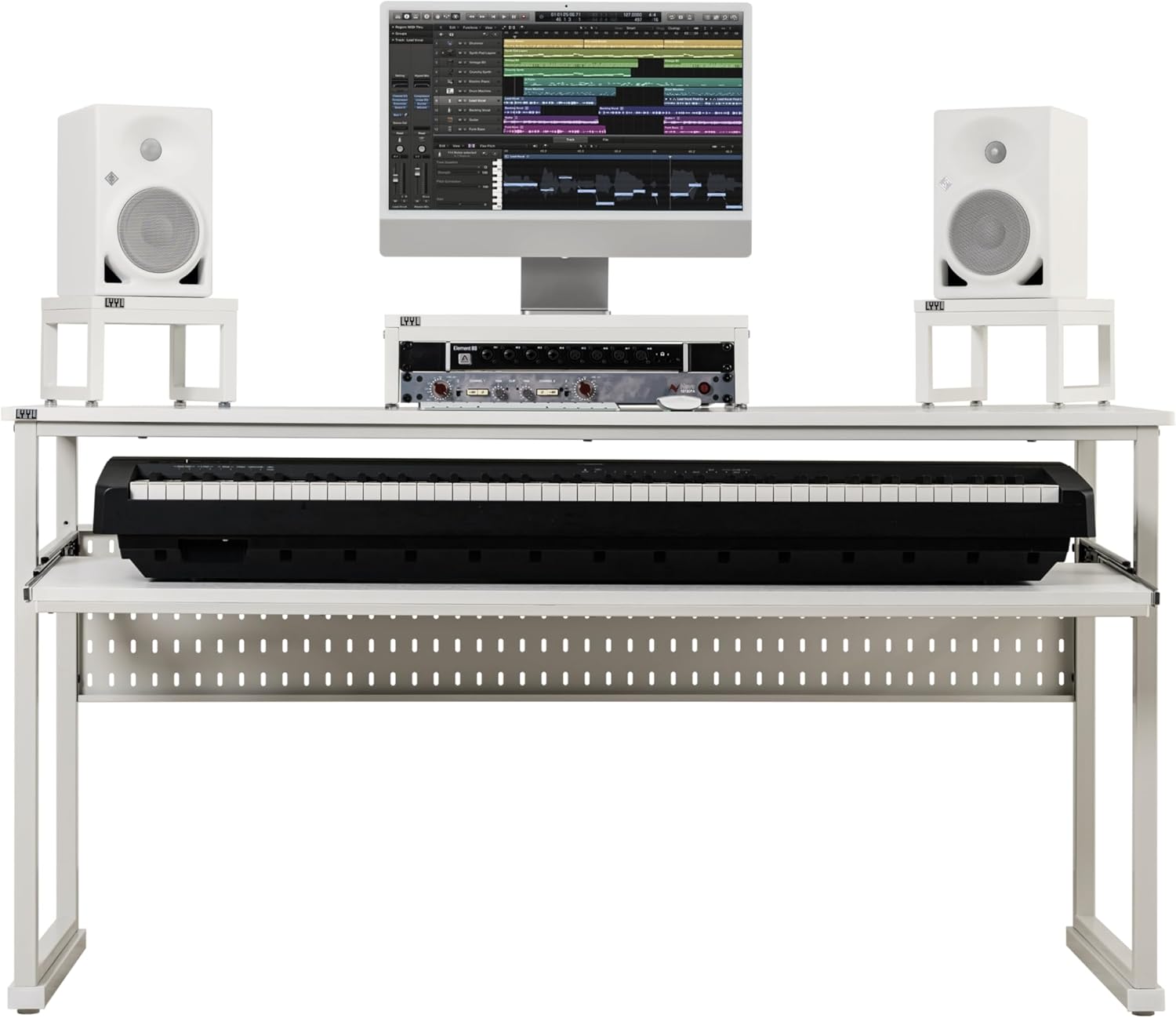 Music Studio Desk with Keyboard Tray and Height Adjustment Bracket, for Full 88 Keys (Music Producer Desk)(White, 88 Keys)