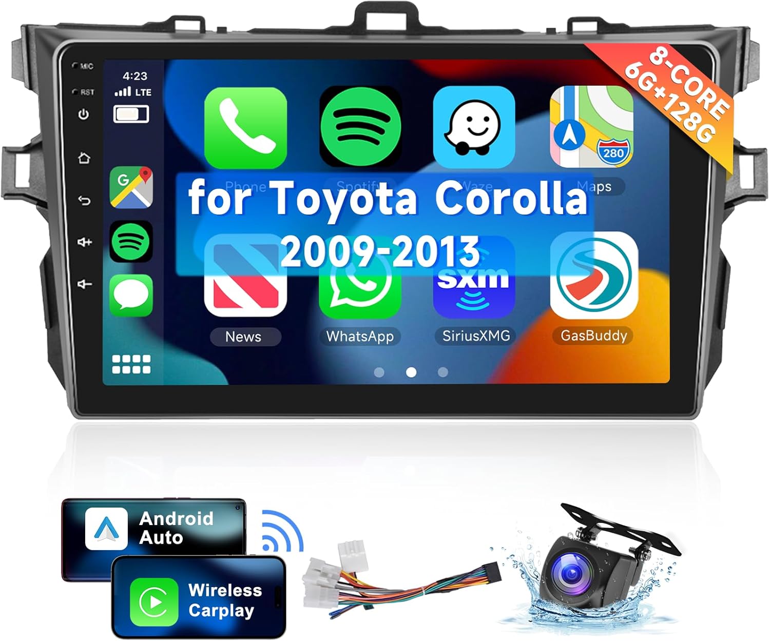[8 CORE 6G+128G] for Toyota Corolla 2009-2013 Car Radio with Wireless Carplay/Android Auto, 9 Inch Android 13 IPS Touch Screen Car Stereo, Bluetooth, GPS Navi, WiFi, SWC, DSP + Backup Camera