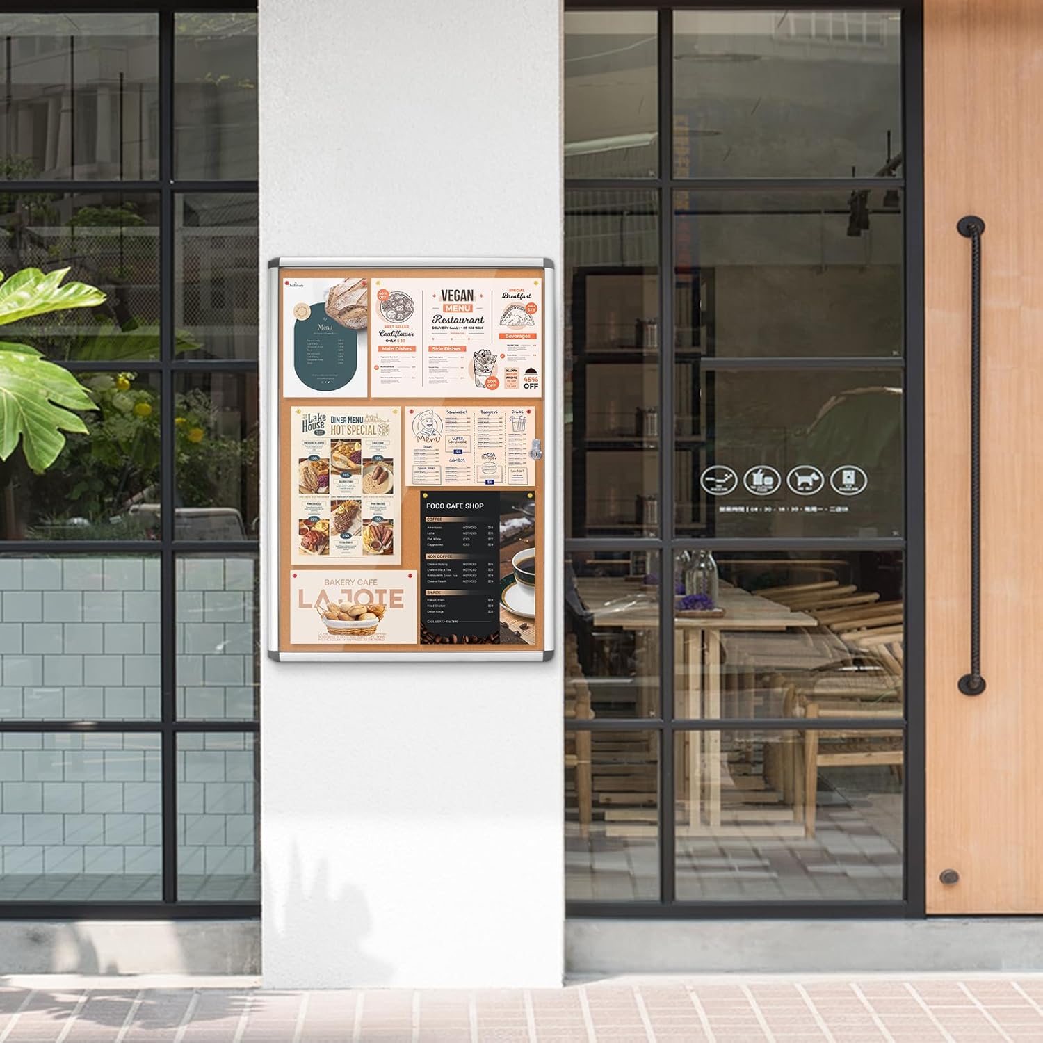 Enclosed Cork Bullletin Board 28x26 in, Tamperproof Display Case with Locking Door for Office School Home Store, Wall Mount, Silver Aluminum Frame (6xA4)