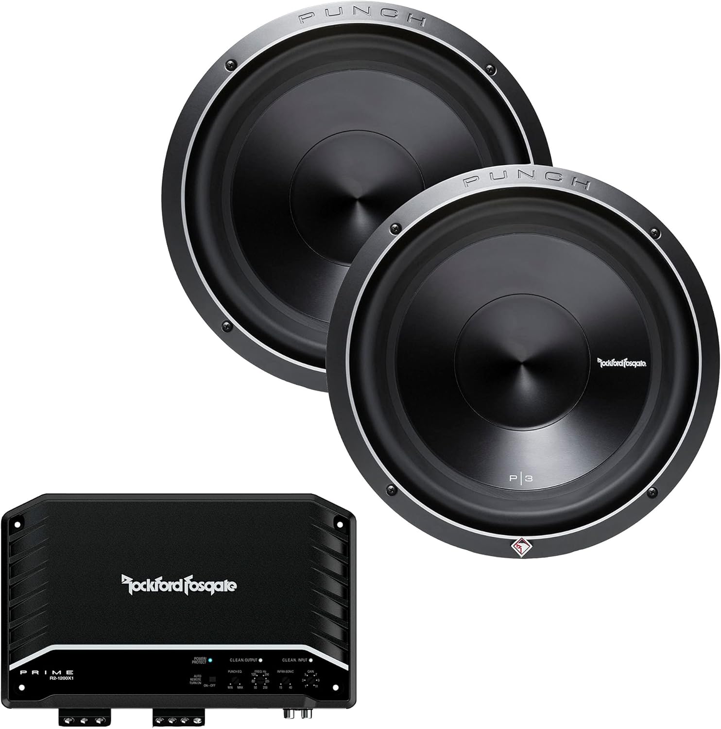 Rockford Fosgate - Two P3D4-12 Punch Subwoofers with R2-1200X1 Prime Amp