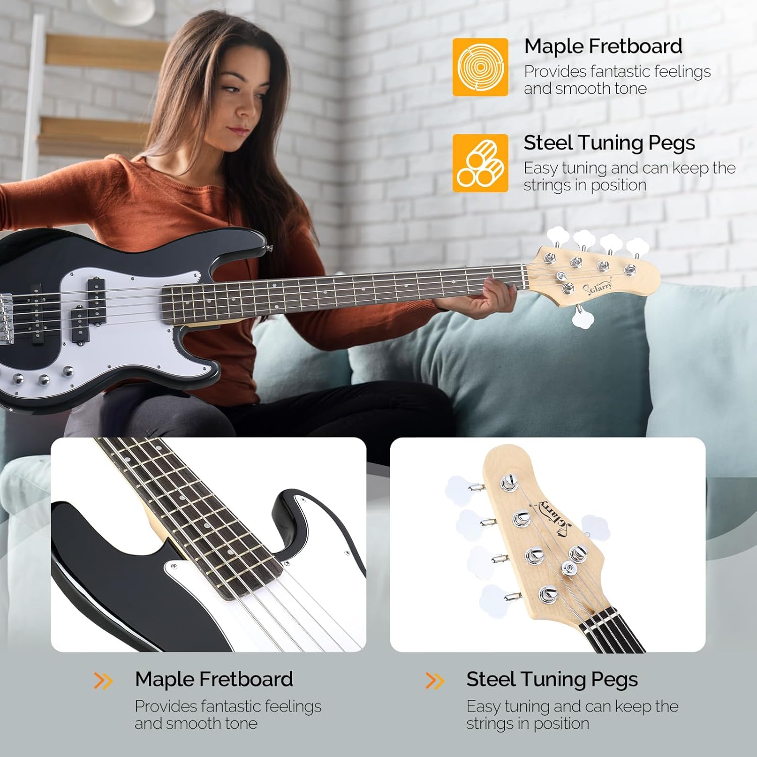 Glarry 5 String Electric Bass Guitar, Full Size Right Handed Rosewood Fretboard Bass Kit with Strap, Cable and Pick (GP Series-Black)