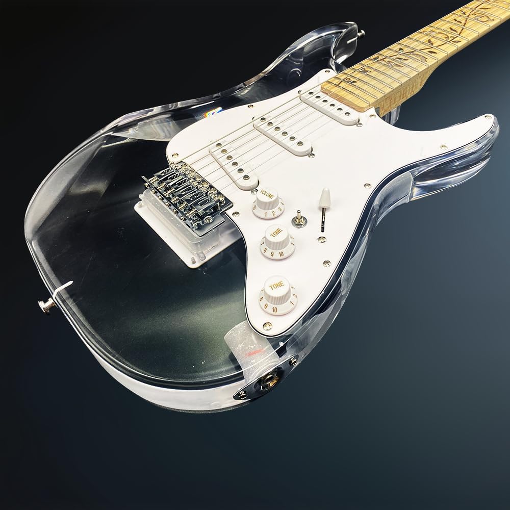 LED Light Electric Guitar - Transparent Acrylic Body Crystal Clear Design with Maple Neck - Stage Performance Guitar with Blue Lights Guitar (Style 3)
