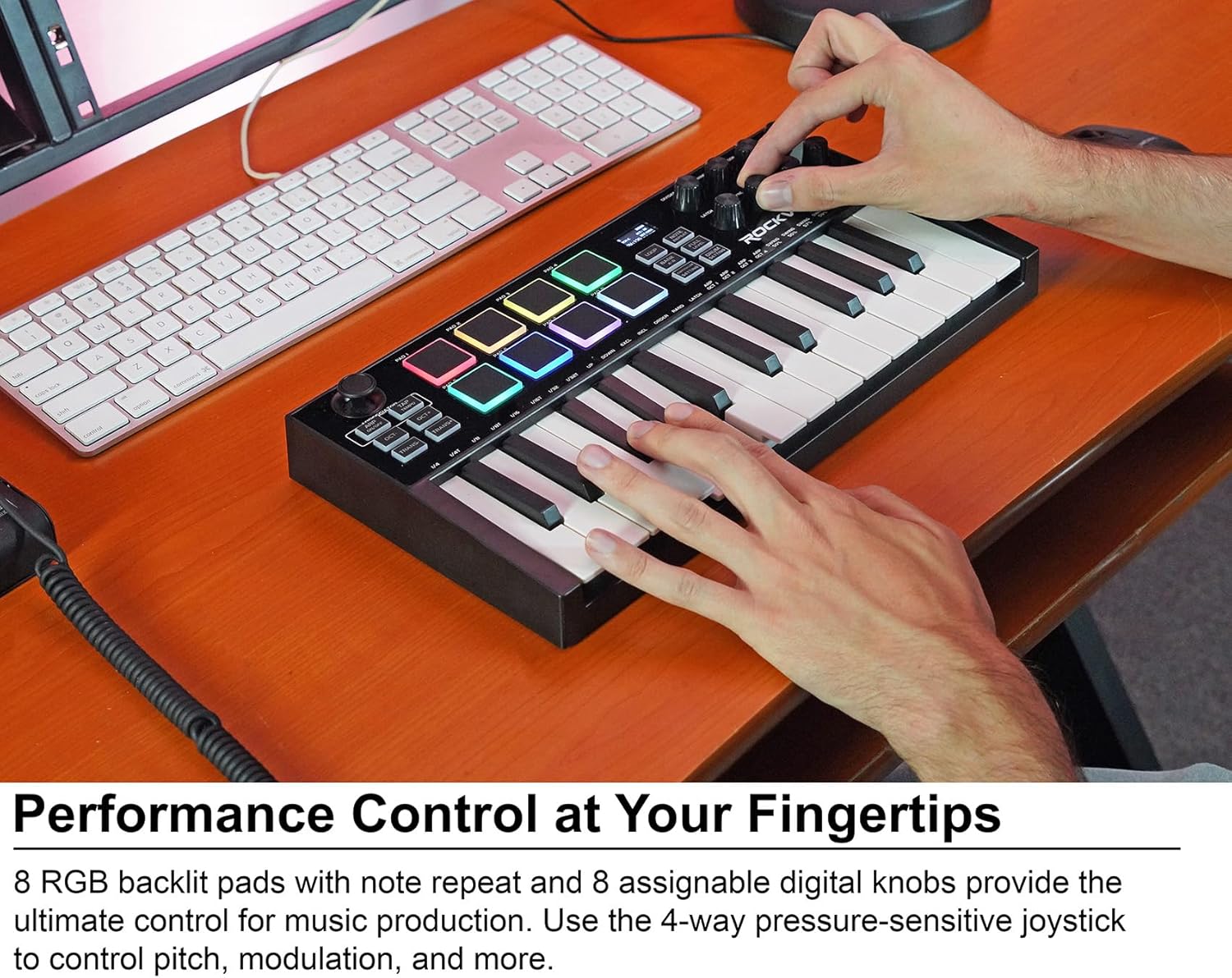 Rockville M25 BLACK 25 Key USB Wireless MIDI Keyboard Controller, Bluetooth, 8 Pads and Knobs, Joystick, Arpeggiator, Compact, for Music Production