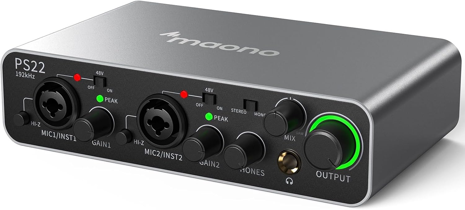 MAONO USB Audio interface for PC with 60 dB Pro-preamp, 24bit/192kHz, Dual USB interface for PC&Smartphone, Routing Software for Home Recording, Music Production, Guitar, Podcast, Streaming(PS22)