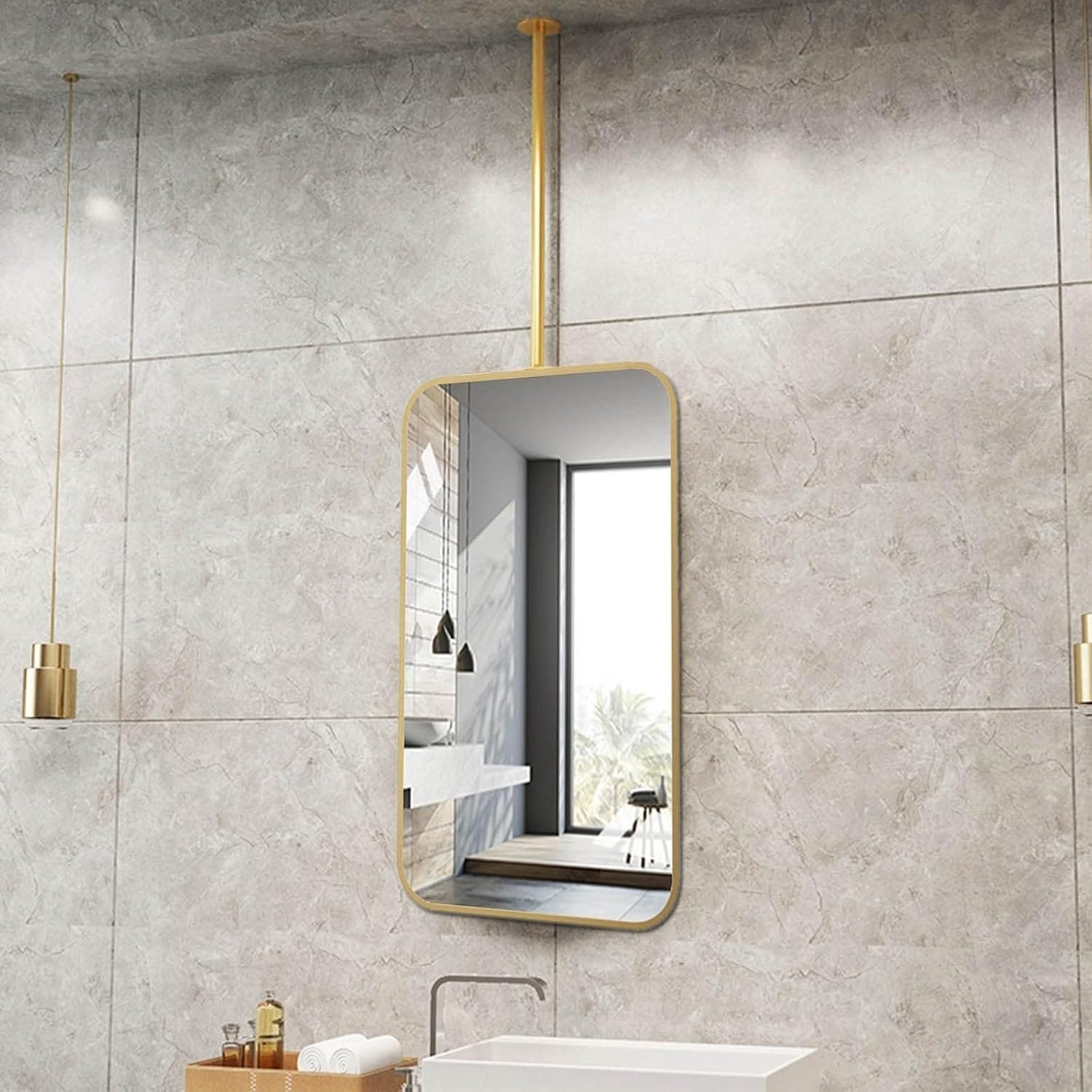 Ceiling Hanging Mirror Ceiling Mounted Bathroom Mirror Big Square Wall Mount Vanity Decor Metal Pole Ceiling Suspended Mirror Corner Mirrors For Bathroom Bedroom Bathrooms Entryway Large Suspend(60cmL