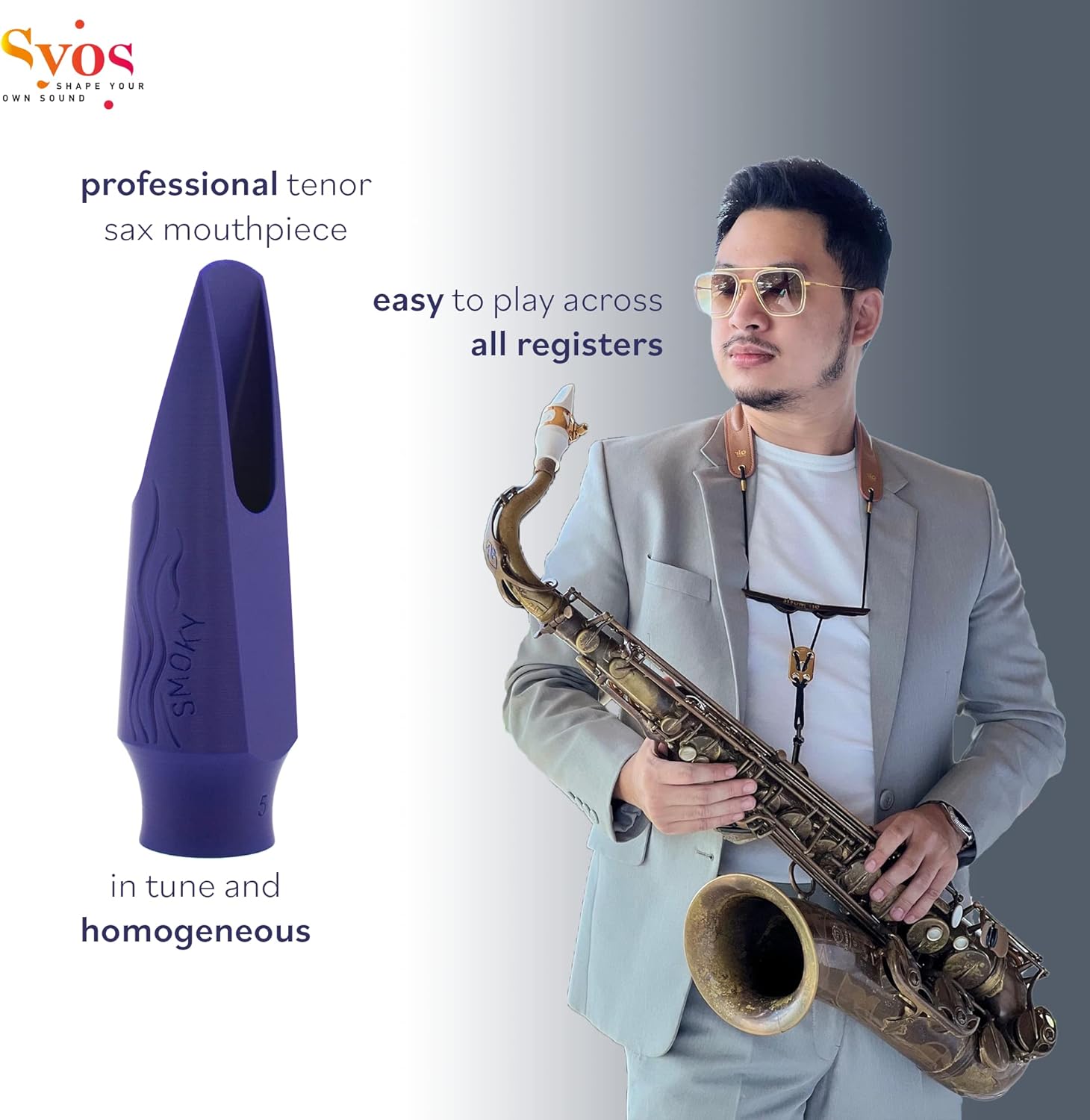 Syos Tenor Saxophone Mouthpiece, Smoky Model, 8 Tip Opening, Phantom Blue, Improve the Sound of your Sax with this Easy-To-Play, Dark and Warm Tenor Sax Mouthpiece
