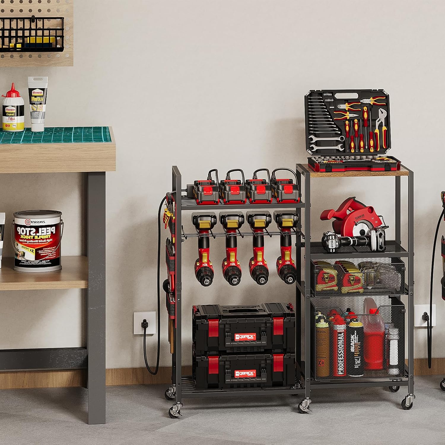 Large Power Tool Organizer Cart with Charging Station, 8 Slots for Cordless Drill Holder with Drawers, Rolling Storage Cart with 8 Power Outlet Heavy Duty Garage Organizer with Wheels for Men