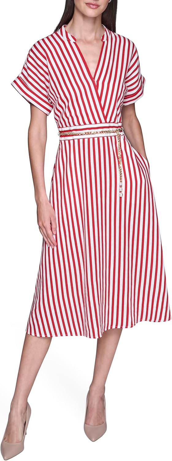 Karl Lagerfeld Women's Short Sleeve V-Neck Printed Linen Midi Dress