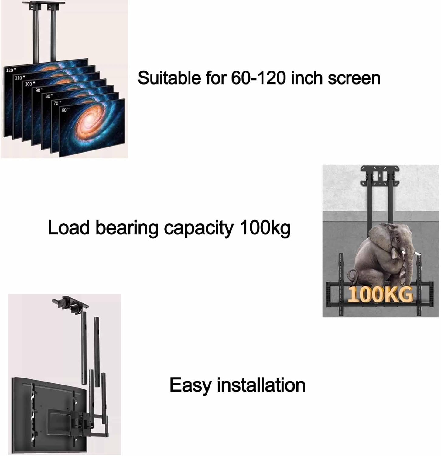 Ceiling TV Stand - Tv Wall Mount, Fits 60-120inch LCD Flat Screen TVs Adjustable Height Telescoping Lift, 5 to -25° Pitch Wall TV Mount Bracket,Ceiling TV Mount, Metal Expansion Screw Fixin