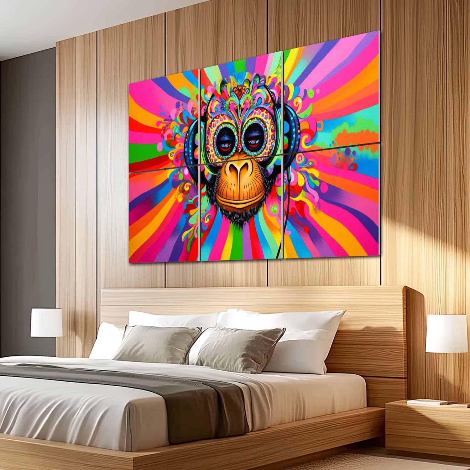 6 Pack Art Acoustic Panels Sound Absorbing Graffiti Monkey Headphones Street Pop Art Colorful Radiating Patterns Decorative Soundproof Wall Panels Self Adhesive for Recording Studios Office 72