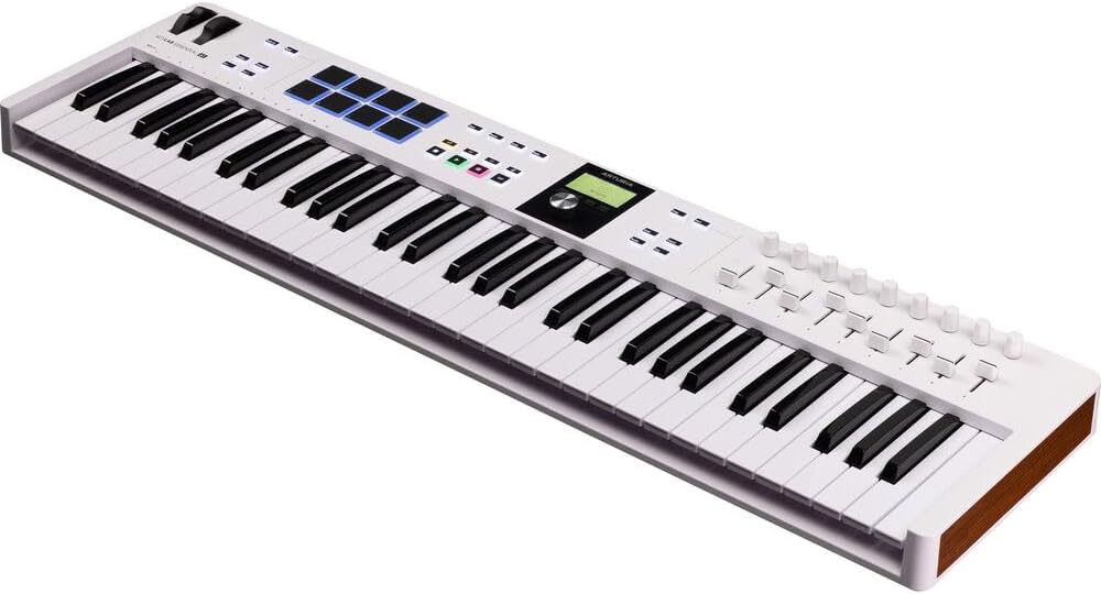 Arturia 231531 KeyLab Essential mk3 61-Key Universal MIDI Controller and Software (White) Bundle with Auray FP-P1L Sustain Pedal, Hosa MID-310 MIDI Cable, and Medium-Size 61-67 Keys Cover for Piano