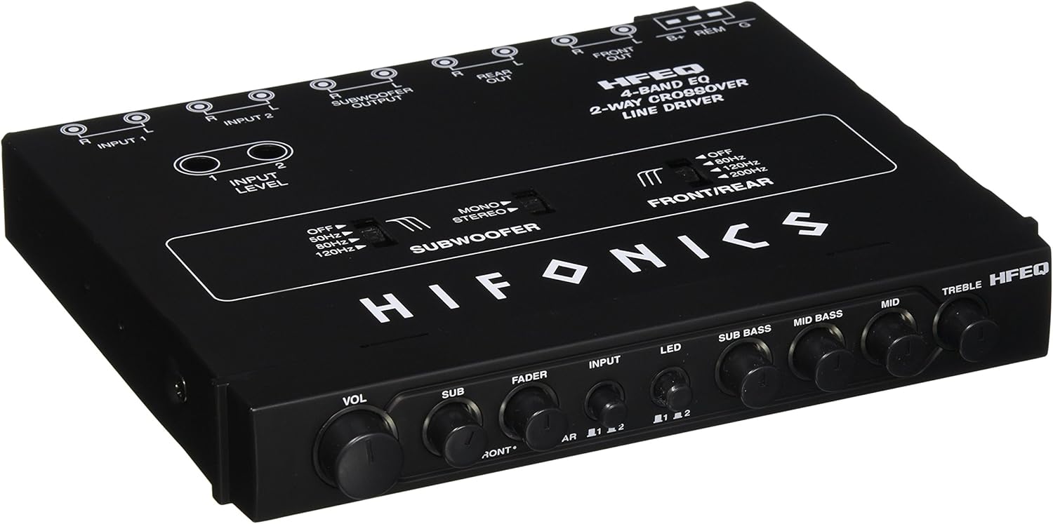 Hifonics HFEQ Multiple Source Signal Processor (Black) – 4-Band Equalizer, .5 Inch DIN, 2 Audio Inputs, 9 Volt Line-Driver, Master Volume Control, Subwoofer Control, Dual Amp Fader