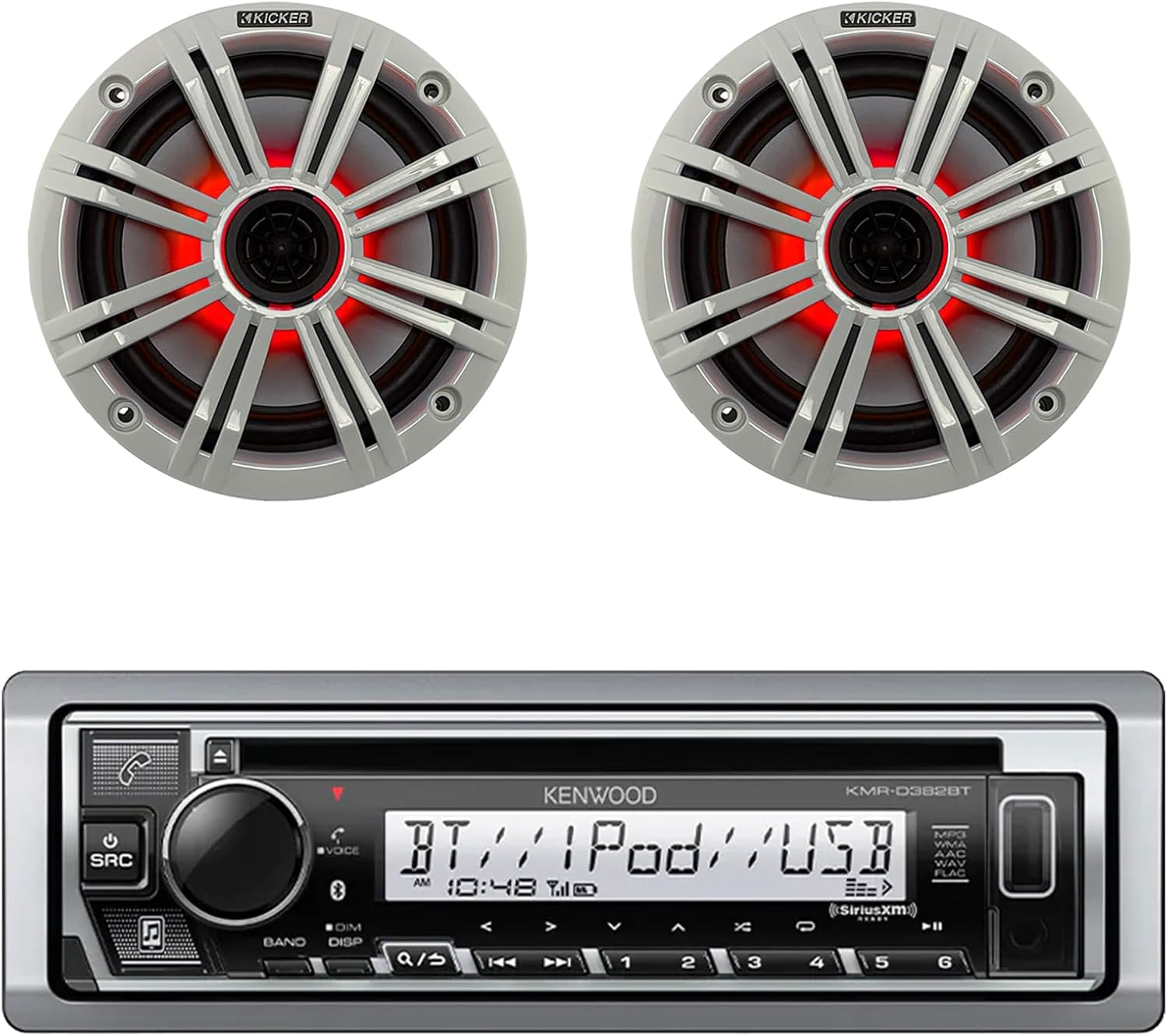 Kenwood Single DIN Marine USB AUX CD Player Bluetooth Stereo Receiver, 2 x Kicker 6.5