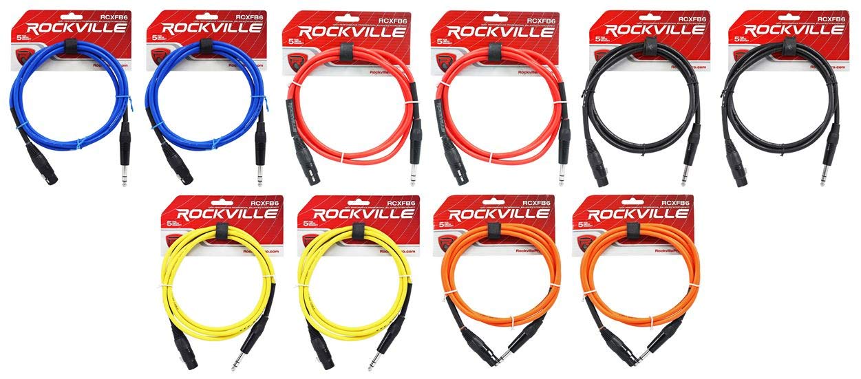 10 Rockville 6' Female Rean XLR to 1/4'' TRS Cables (5 Colors x 2 of Each)