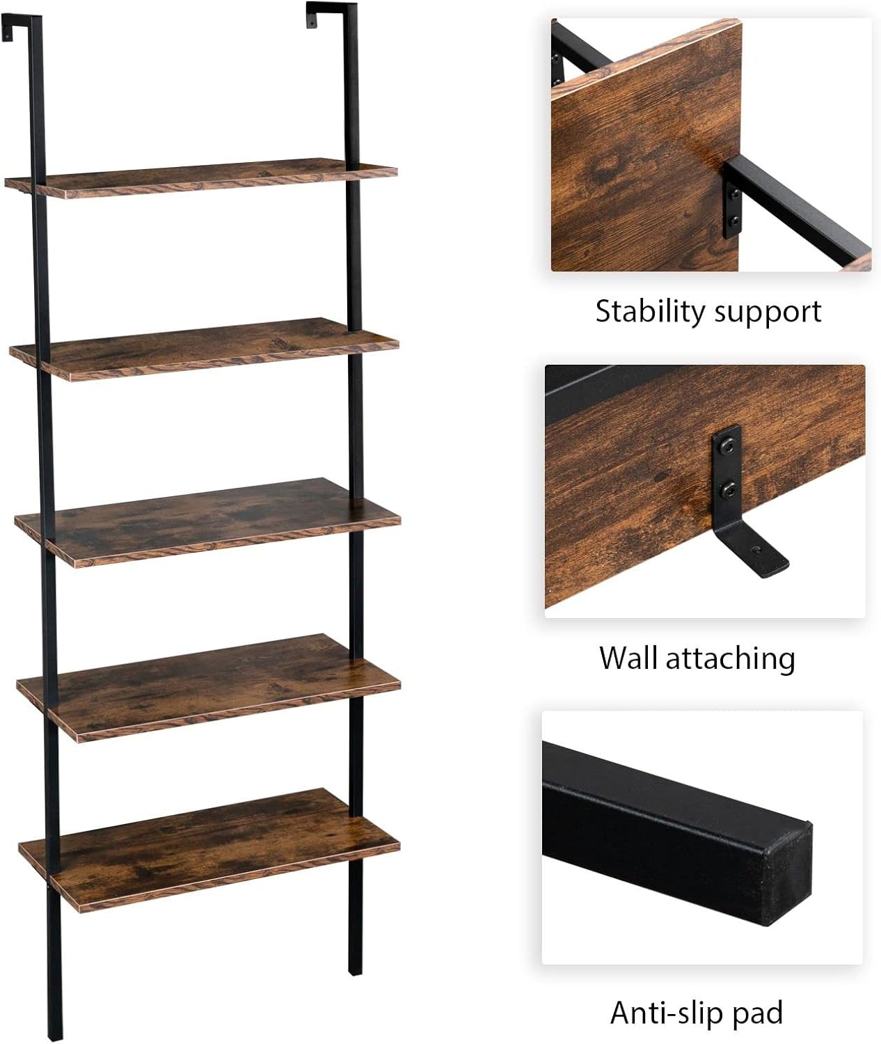 Vintage Open Ladder Wall-Mount Shelf, 5 Tier Bookcase with Metal Frame