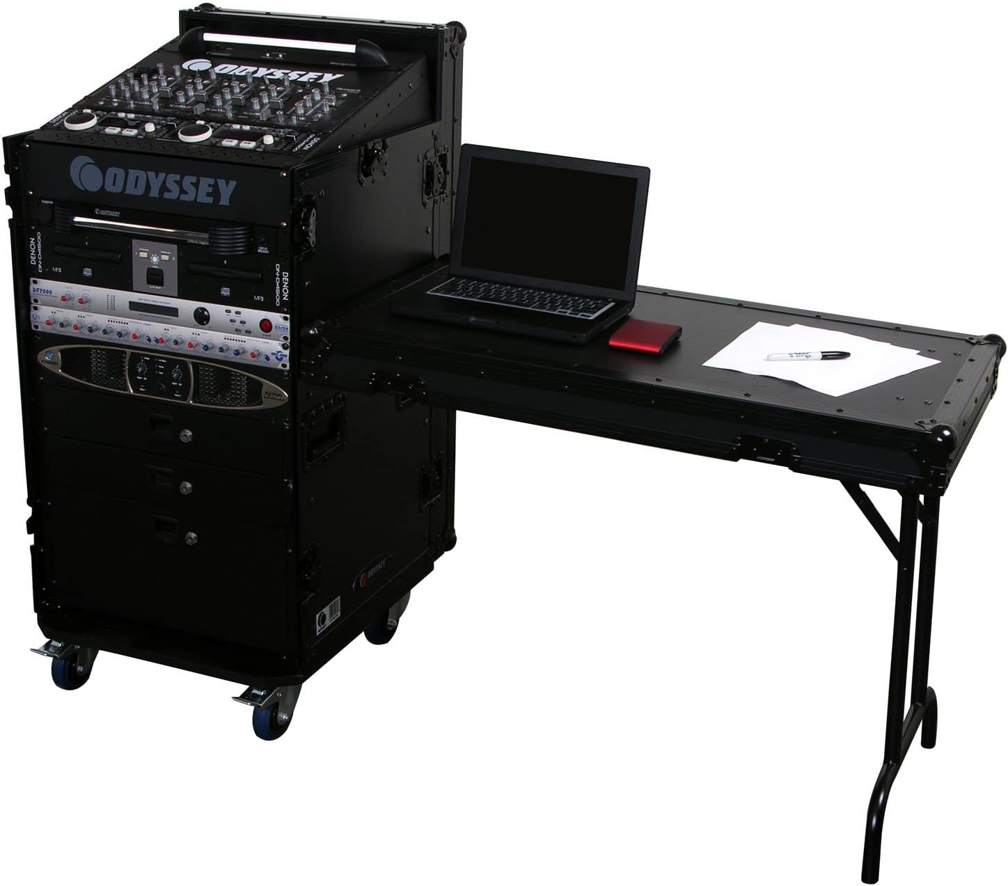 Odyssey FZ1116WDLXBL Black 11U Top Slanted 16U Vertical Pro Combo Rack with Side Table and Casters