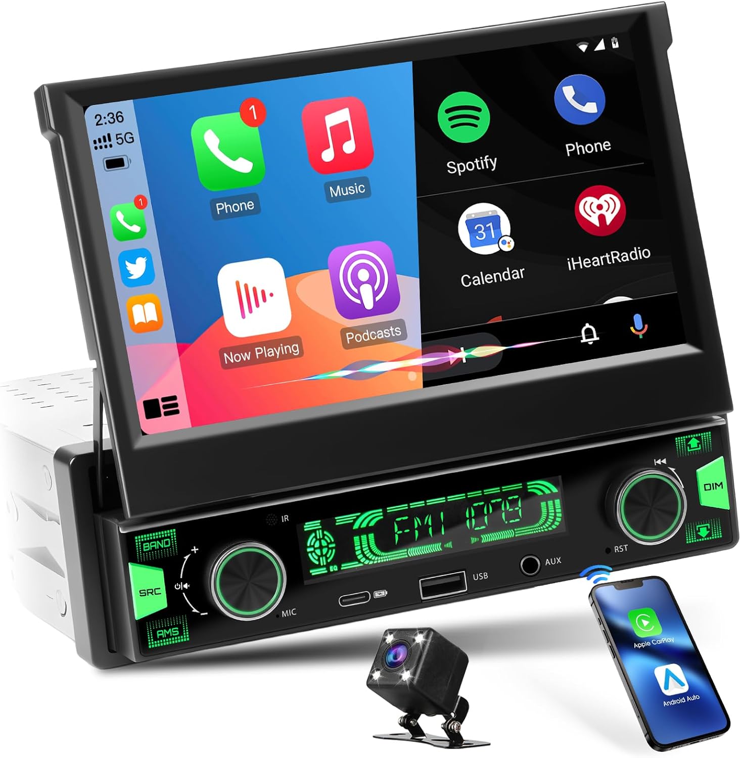 Single Din Stereo with Flip-Out Touchscreen: 7 Inch Wireless CarPlay Android Auto Car Radio - Bluetooth HD Backup Camera 300W 4.2 CHN 2 Subwoofers Outputs Type-C Charge USB AUX-in