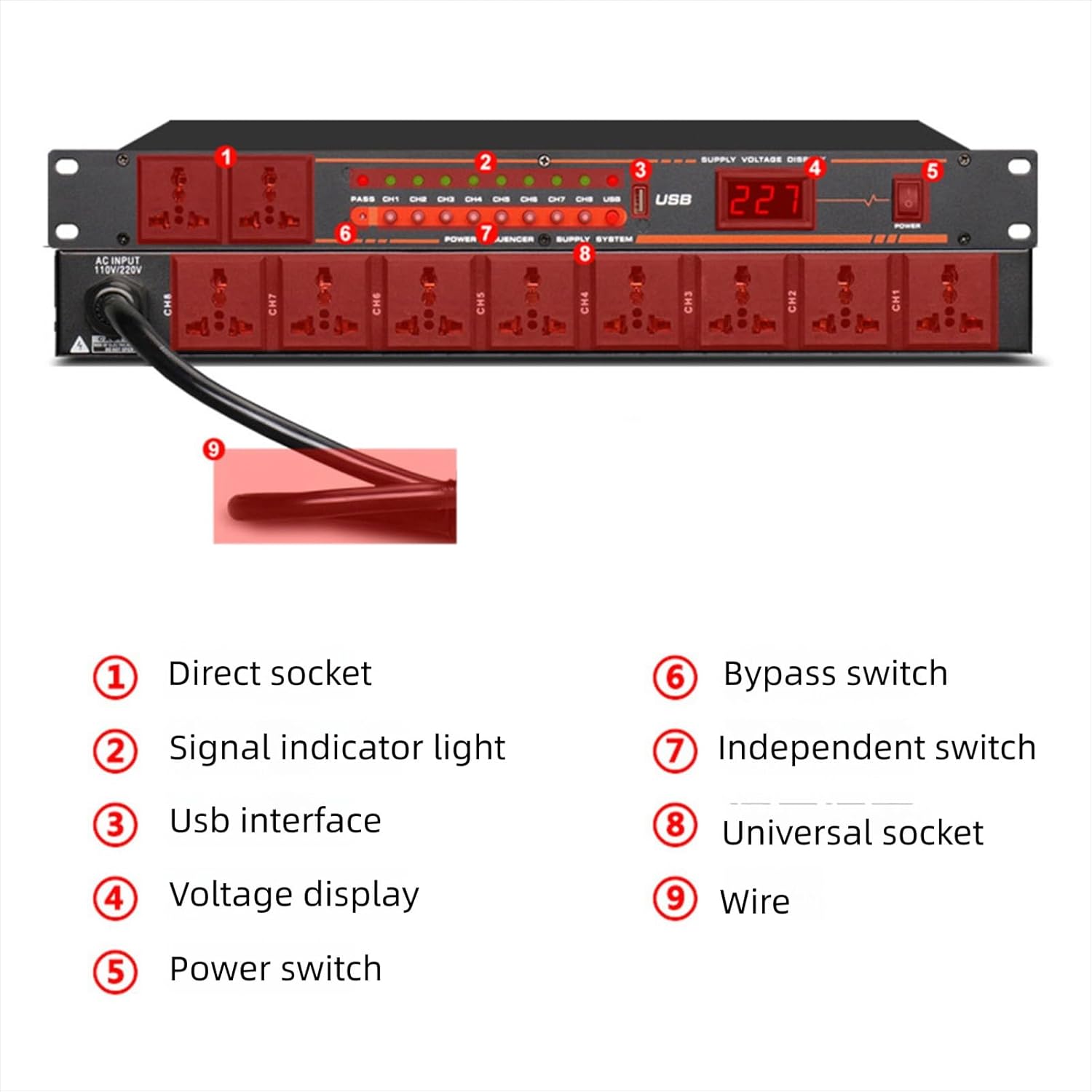 Yunseity 10 Outlet Power Sequencer Conditioner, Independent Power Switch USB Port with Digital Screen Voltage Display, for Home Theater Stage Studio Audio Equipment (US Plug)