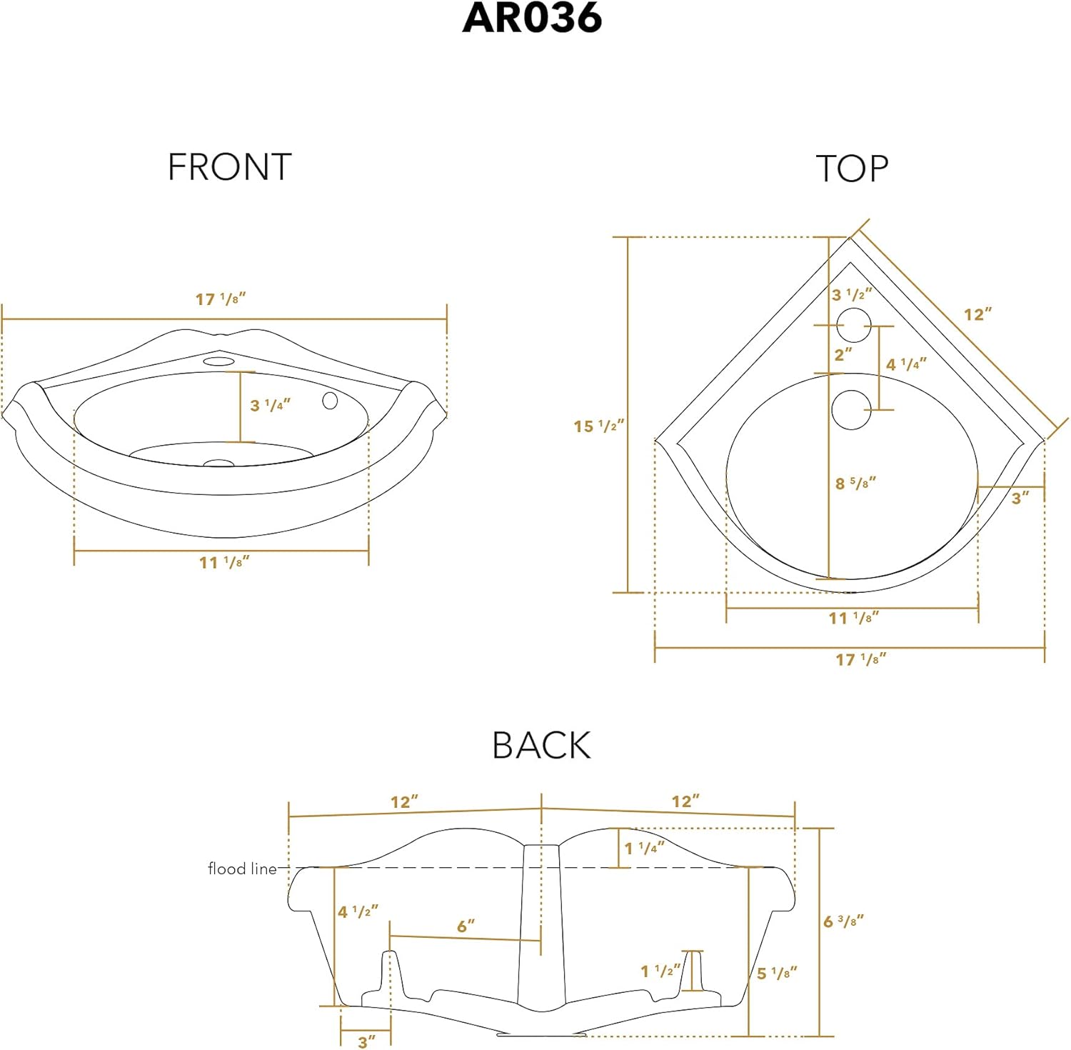 Whitehaus AR036-WH Corner Wall-Mount Lavatory Basin, White