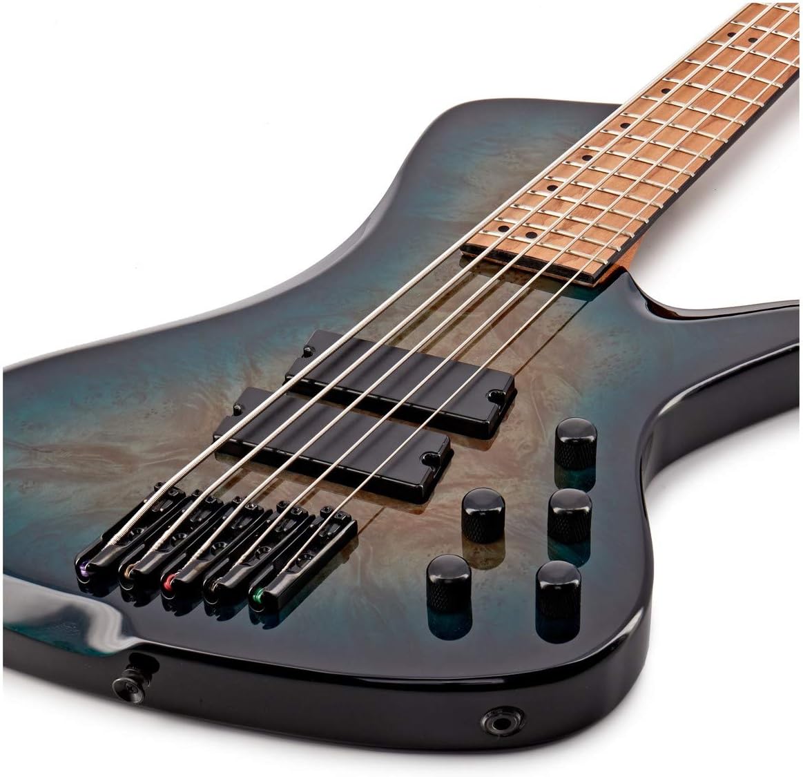 Electric Bass Guitar, Upgrade 5 String Fanned Fret Blue Burst Electric Bass Guitar, Basswood Body, Roasted Maple Neck Fingerboard