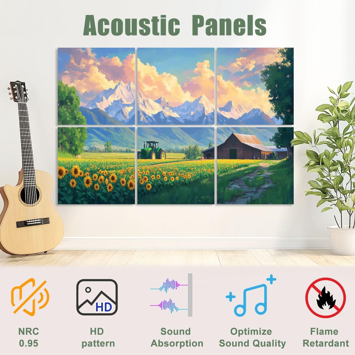 6 Pack Art Acoustic Panels Sound Absorbing Rural Scenery Sunflowers Farmhouse Tractor Mountains Clouds Realistic Decorative Soundproof Wall Panels Self Adhesive for Recording Studios Office 72
