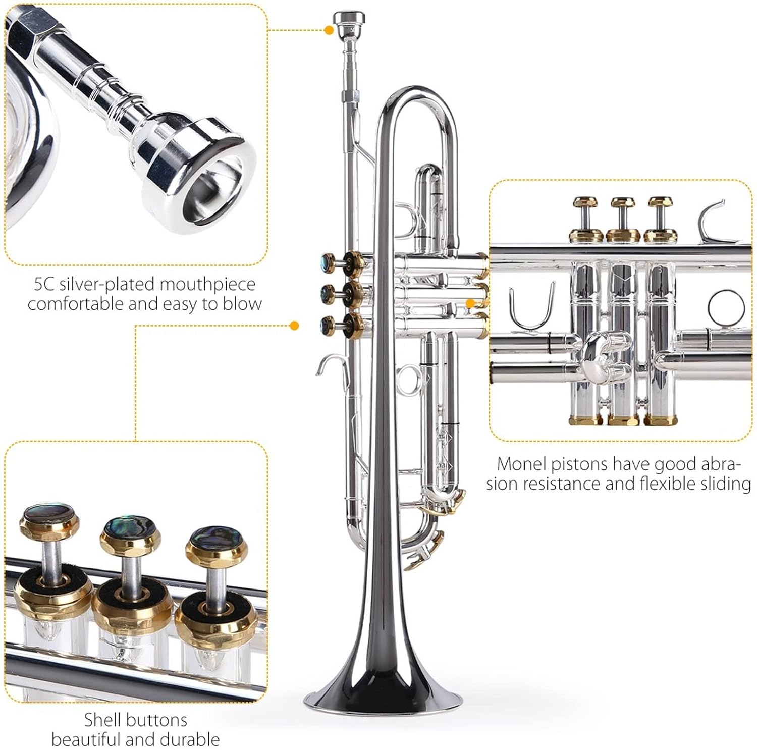 KESHUO Bb Trumpet Brass Material Silver-Plated Surface Beautiful Shell Buttons Wind Instrument Trumpets