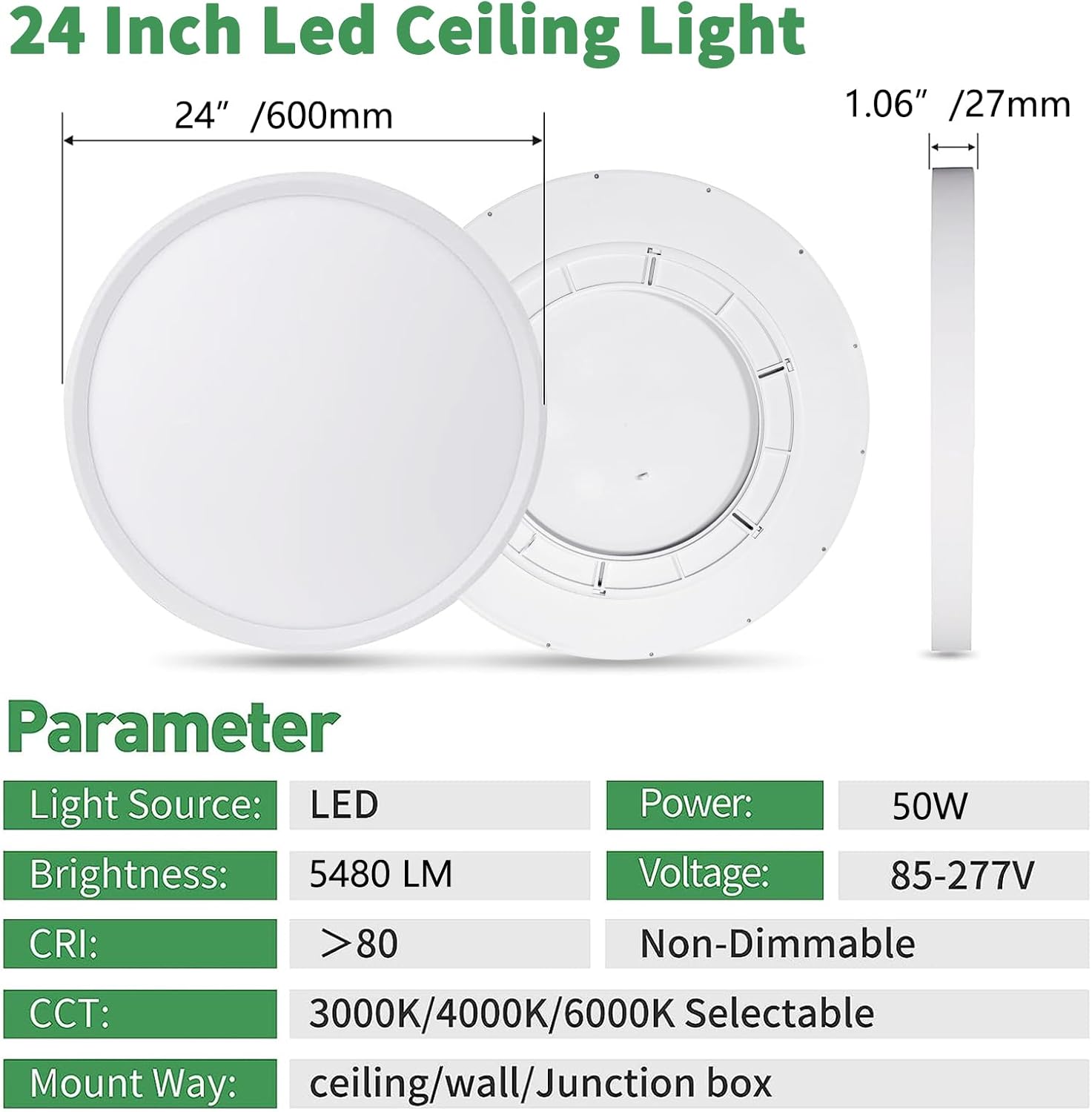 2 Pack 24 Inch Large LED Flush Mount Ceiling Light, 50W,5480LM, 3000K/4000K/6000K CCT Selectable,Black Round Flat Panel Low Profile Ceiling Light Fixtures for Hallway, Kitchen, Bedroom, Laundry Room