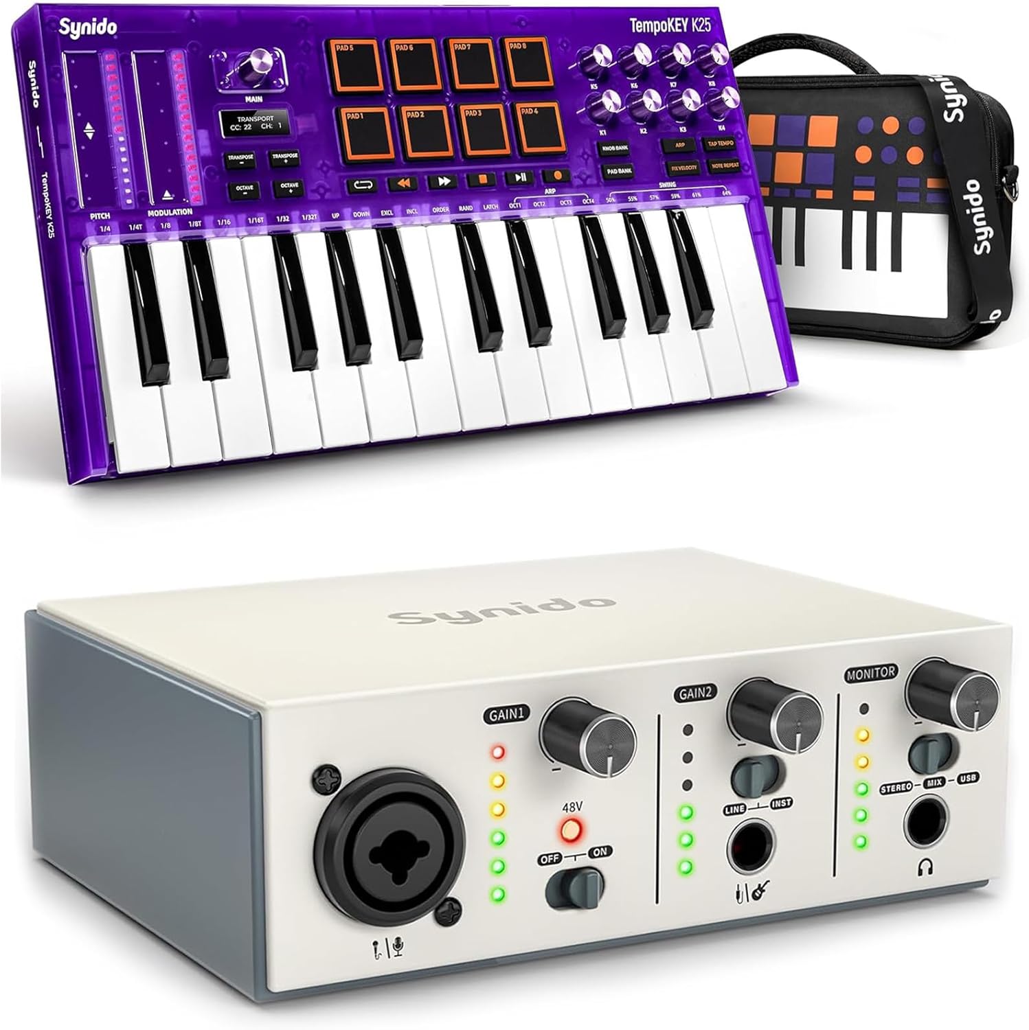 Synido 25 Key USB MIDI Keyboard Controller with Drum Pads and Live Solo USB C Audio Interface for Recording Music, Streaming, Podcasting