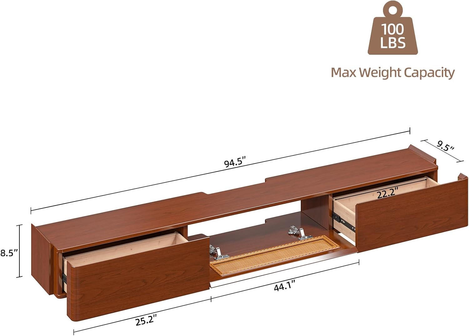 FurniNova Fully Assembled Floating TV Stand Wall Mounted 94'',High Gloss Floating Media Console with 2 Drawers & Rattan Door, Under TV Shelf for Living Room Bedroom Entertainment Center,Walnut