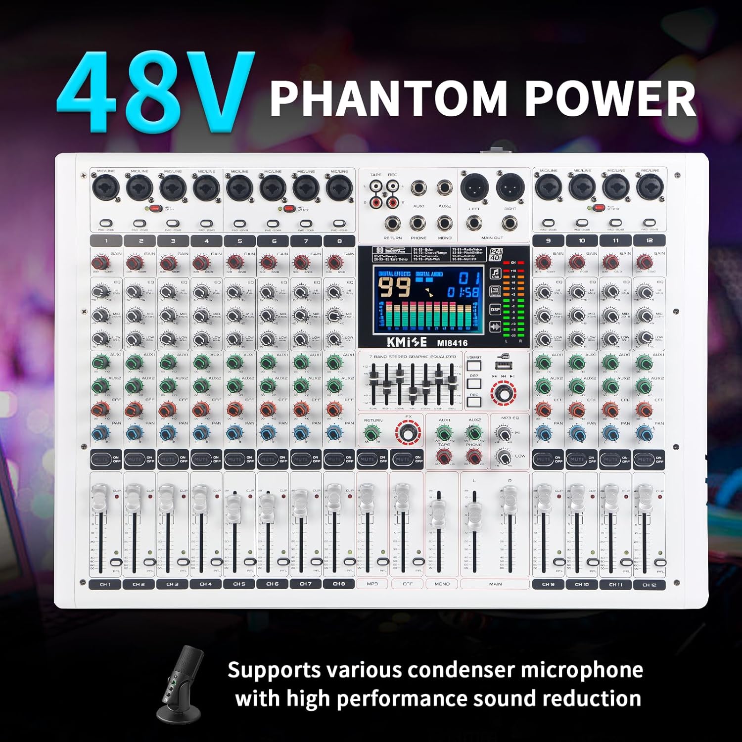 Audio Mixer 12 Channel Digital Audio Pro-Series Sound Board Console System Interface with DJ Mixer Board Capabilities, 7 Band EQ, LED Display 48V and Sound BT Mixer USB/SD/FM/WMA Output