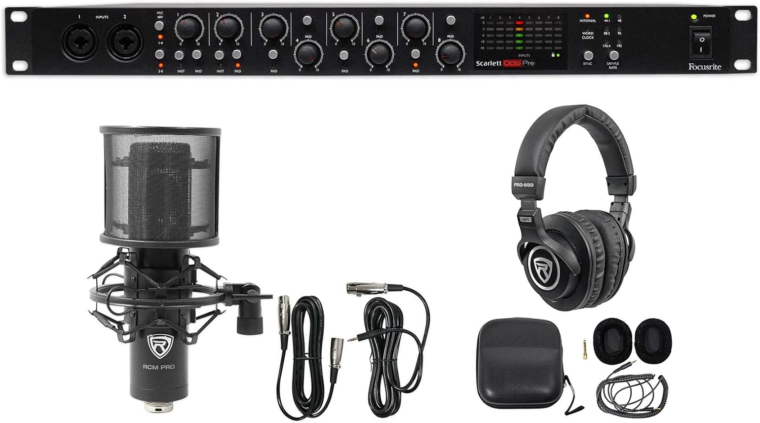 Audiosavings Bundle: Scarlett OctoPre 8-Channel Mic Preamp w/ADAT 192kHz Bundle with Rockville RCM PRO Studio Condenser Mic w/Capacitors + PRO-M50 Studio Headphones w/Case+Extra Ear Pad (3 Items)