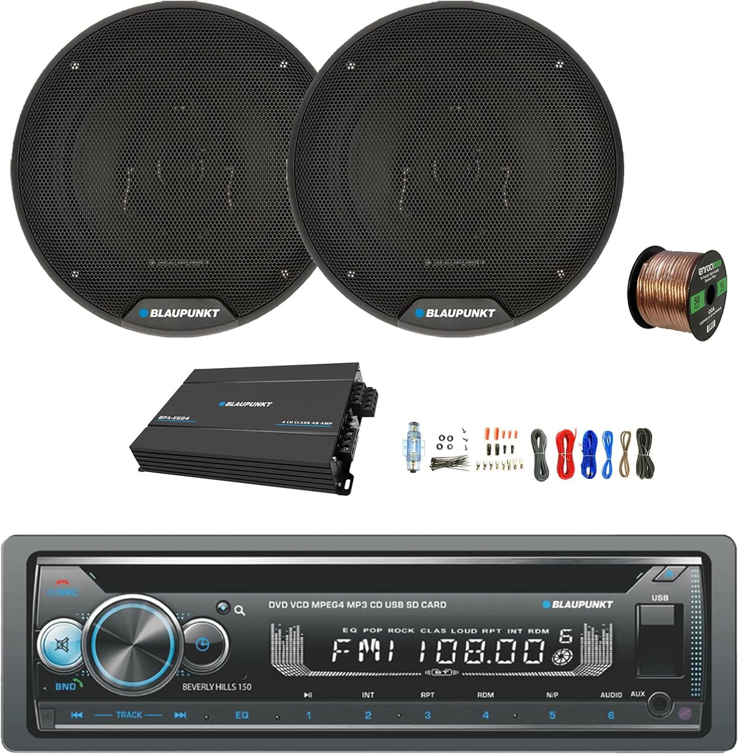 Blaupunkt Beverly Hills 150 Single DIN Bluetooth DVD/CD Stereo Receiver, 4-Channel Amplifier w/Kit, 2X 6 40 Watt Max 3-Way Car Speakers w/Wire
