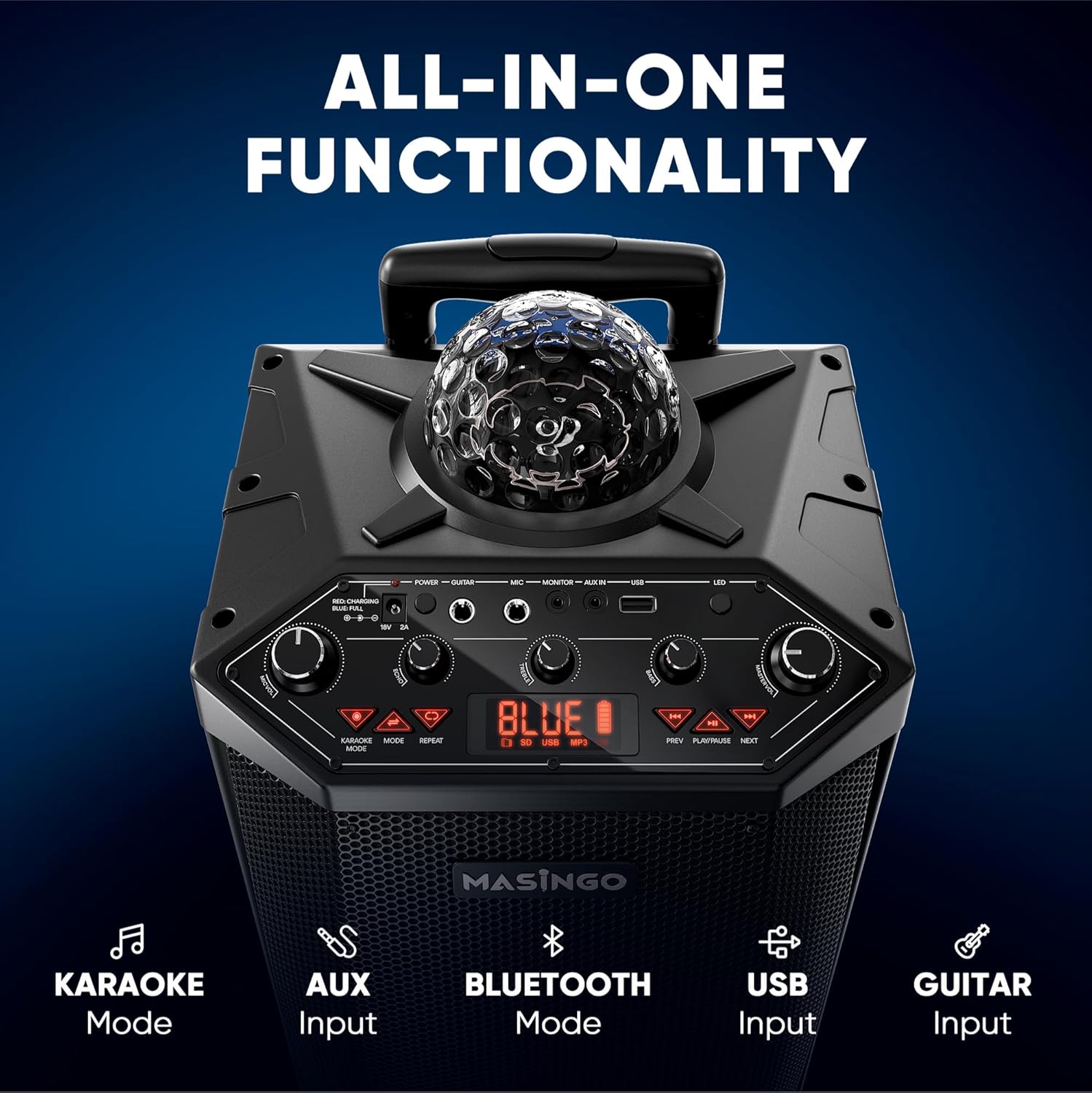 MASINGO New Karaoke Machine for Adults and Kids with 2 Bluetooth Wireless Microphones. Portable Singing PA Speaker System with Party Lights, Lyrics Display Holder, and TV Cable. Festoso X9