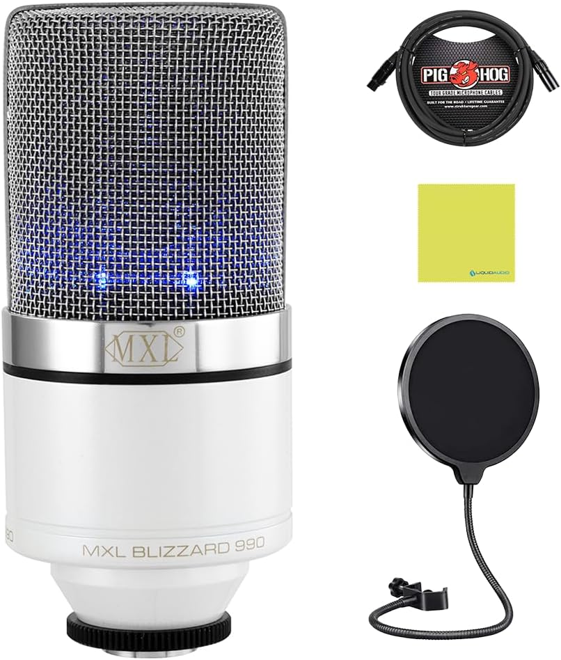 MXL 990 Blizzard LED Condenser Microphone Perfect for Any Live Stream Bundle w/Pig Hog PHM10 8mm Mic Cable, Pop Filter Polishing Cloth