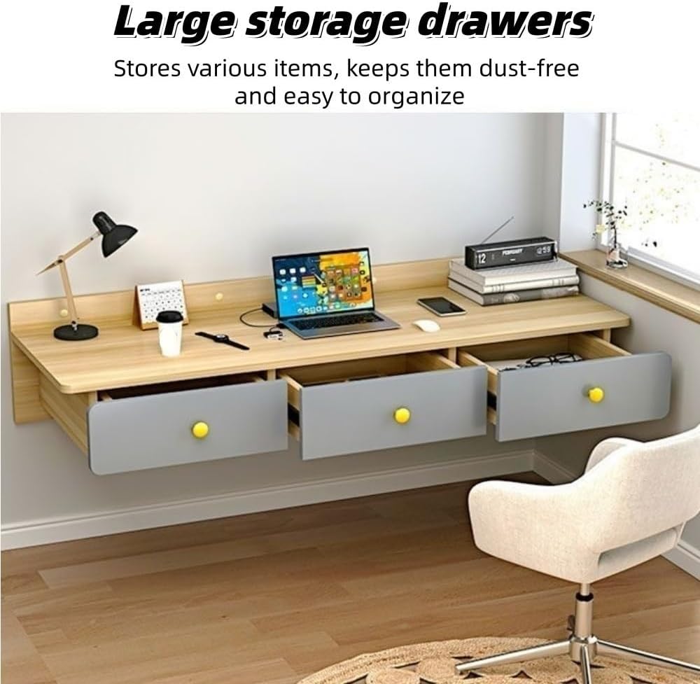 Floating Wall-Mounted Office Table with Two Drawers, Wooden Laptop Desk Shelf for Bedroom Living Room and Study, Modern Floating Vanity Workstation(White Gray)