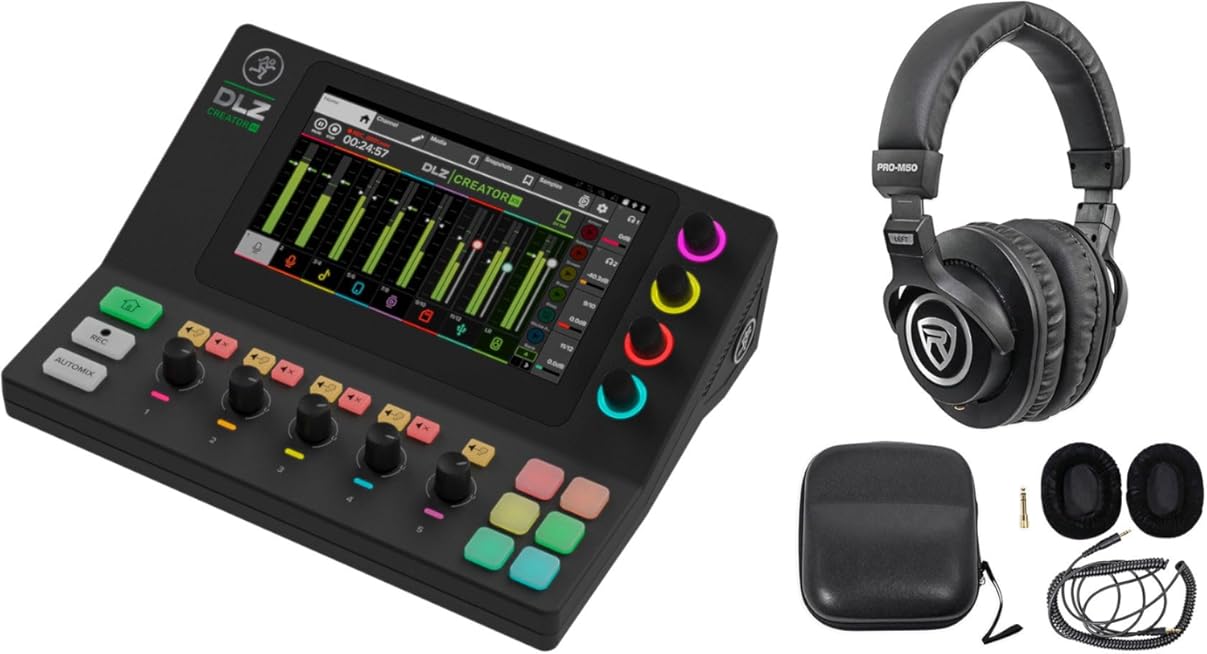 Audiosavings Bundle: (1) Mackie DLZ Creator XS Compact DSP/Bluetooth Digital Mixer Bundle With (1) Rockville PRO-M50 Studio Headphones w/Detachable Coil Cable (Items 2)