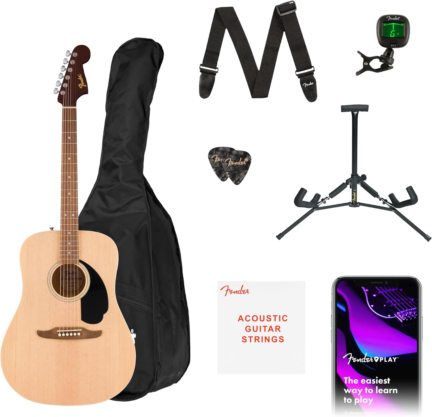 Fender California Debut Redondo Series Acoustic Guitar Pack, Beginner Guitar, 2-Year Warranty, Includes Gig Bag, Stand, and More, Natural
