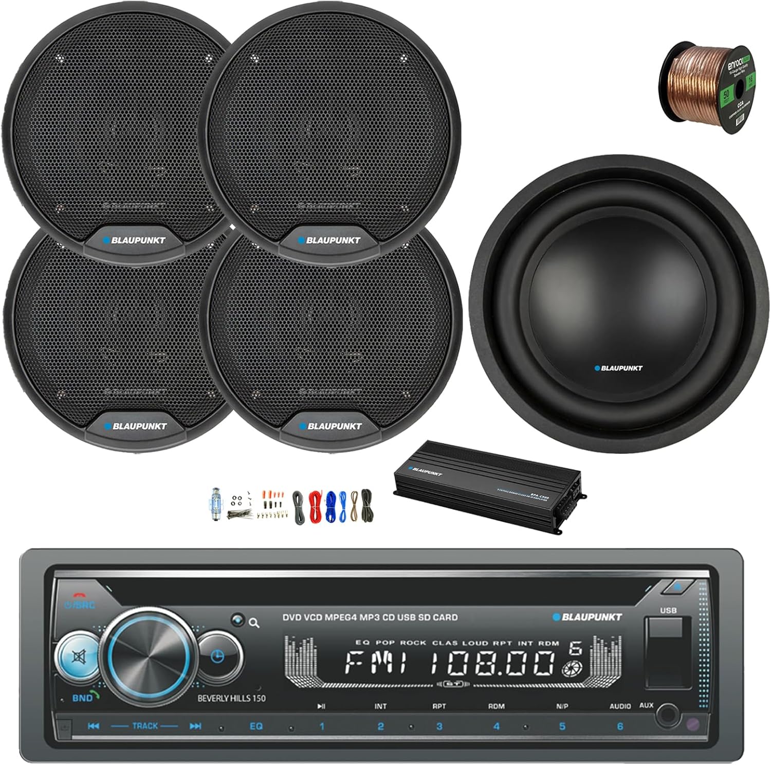 Blaupunkt Beverly Hills 150 Single DIN Bluetooth DVD/CD Stereo Receiver, 5-Channel Amplifier w/Kit, 10