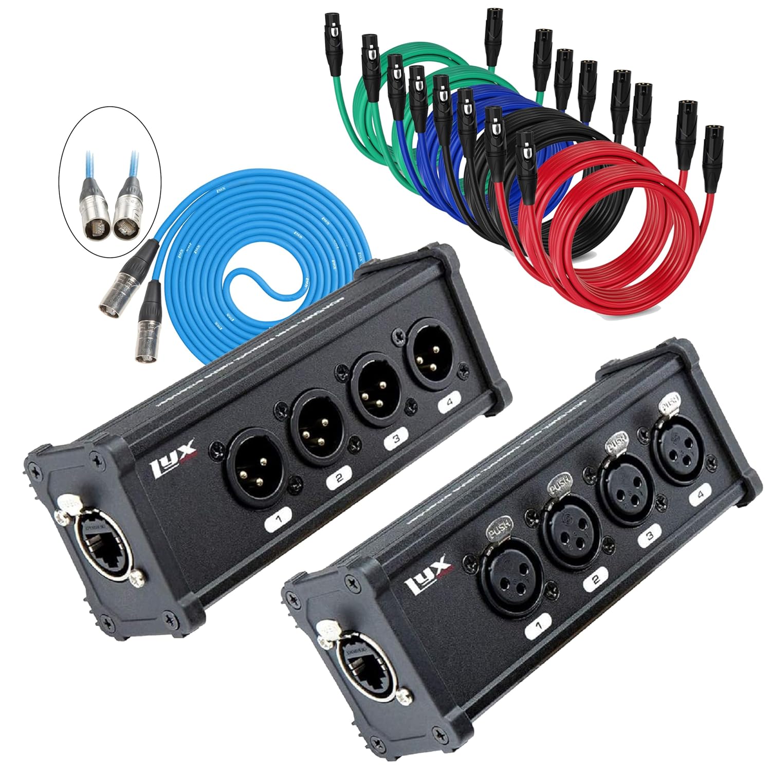 LyxPro 4 Channel 3 Pin Multi Network XLR Cable Breakout for Stage Sound Lighting and Recording with CAT6 6'FT Shielded Ethercon RJ45 Cable & 8-Pack of 15FT XLR Cables - Assorted Colors
