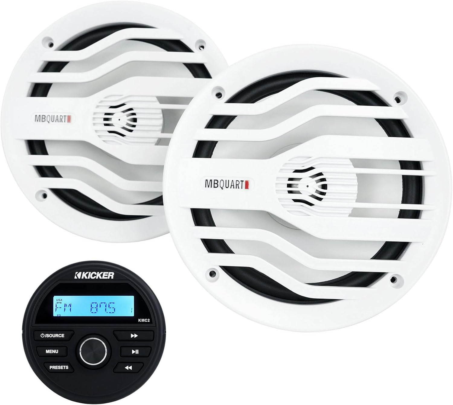 Kicker KMC2 Marine Bluetooth Receiver Bundle with (2) White MB Quart 6.5