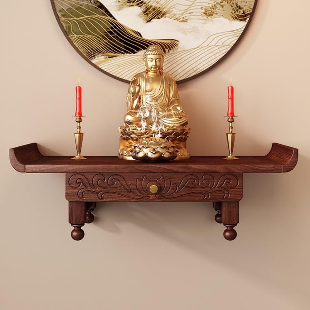 Wall Mount Buddha Statue Stand with Pull-Out Plate, Solid Wood Buddhist Altar Shelf for Home Prayer Space, Wall Mounted Altar Table for Meditation and Ritual Display(60cm/23.6in)