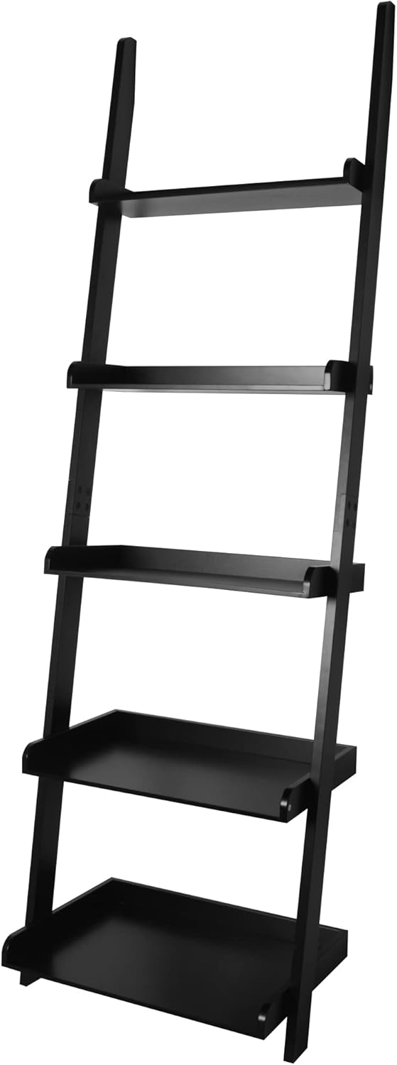 eHemco Modern 5 Tier Leaning Wall Ladder Bookshelf Organizer, Storage Rack, 70 Inches, Black