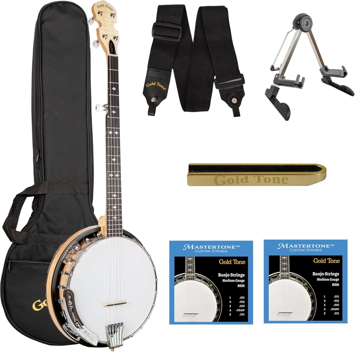 Gold Tone CC-100R Cripple Creek Resonator Banjo Bundle - Beginner Friendly, Convertible Open-Back/Bluegrass, Maple Neck, Includes Gig Bag, Strap, Mute, Stand, & 2 String Packs
