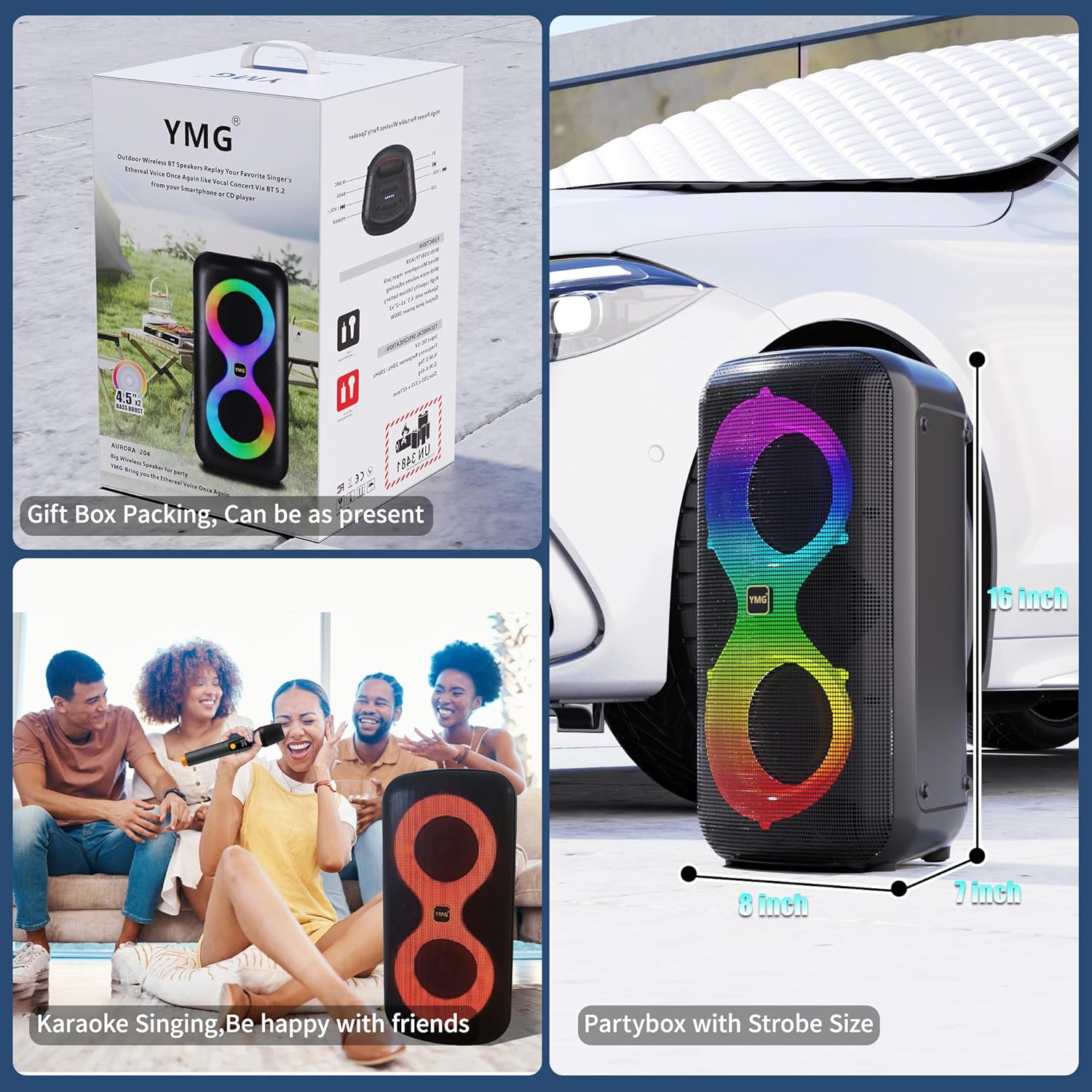 YMG Karaoke Machine for Adults Portable Blue Tooth Party Speaker with 2 Wireless Microphones, 300W Peak PA System Deep Bass with LED Disco Lights for Outdoor Home Party Gift