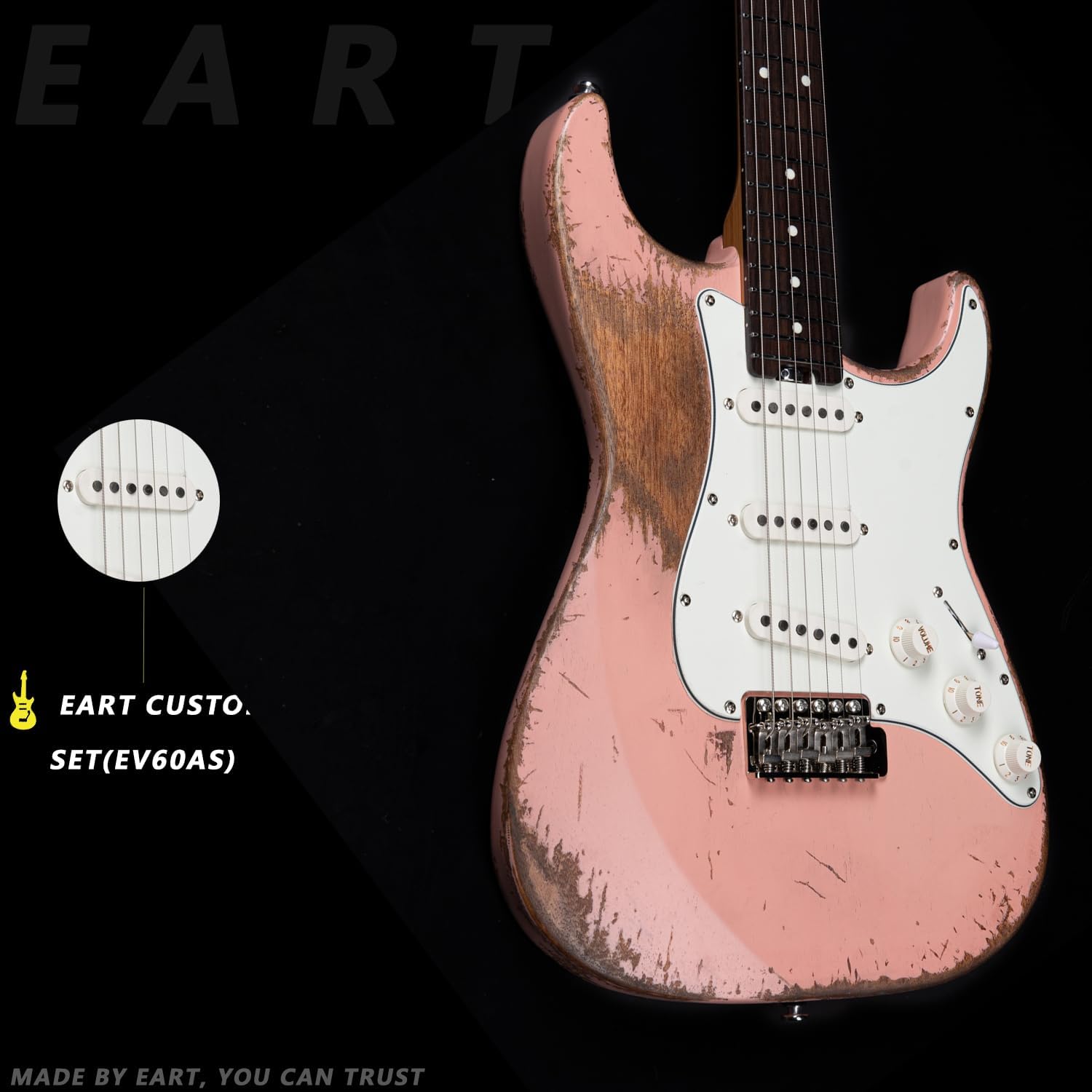 EART Vintage-VS60H 6 String Medium Relic Solid-Body Guitar-Full Size Roasted Rosewood Relic Finish VS60 Pickups 6-Point Synchronized Tremolo Bridge Electric Guitar for Blues, Classics,Right Hand