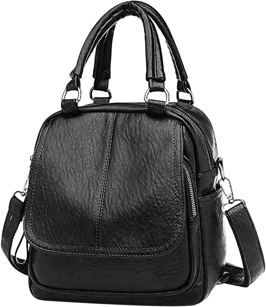 Genuine Leather Backpack Purse for Women, Waterproof Crossbody Daypack, Brown Shoulder Bag for Travel and Shopping (Black)